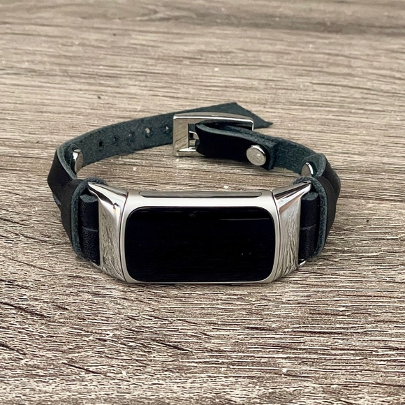 Slim Black Leather Strap Silver Fitbit Charge 5 Band Women Fashion Wristband - Picture 6 of 7